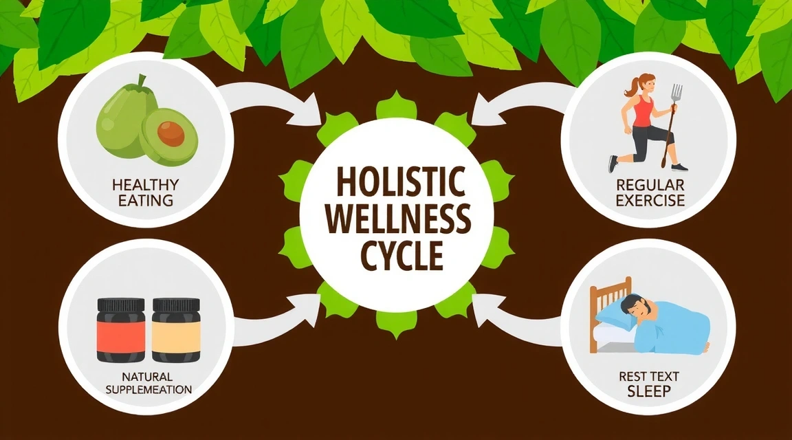 Diagrama estilizado mostrando el ciclo de bienestar natural: alimentación, ejercicio, suplementos y descanso.