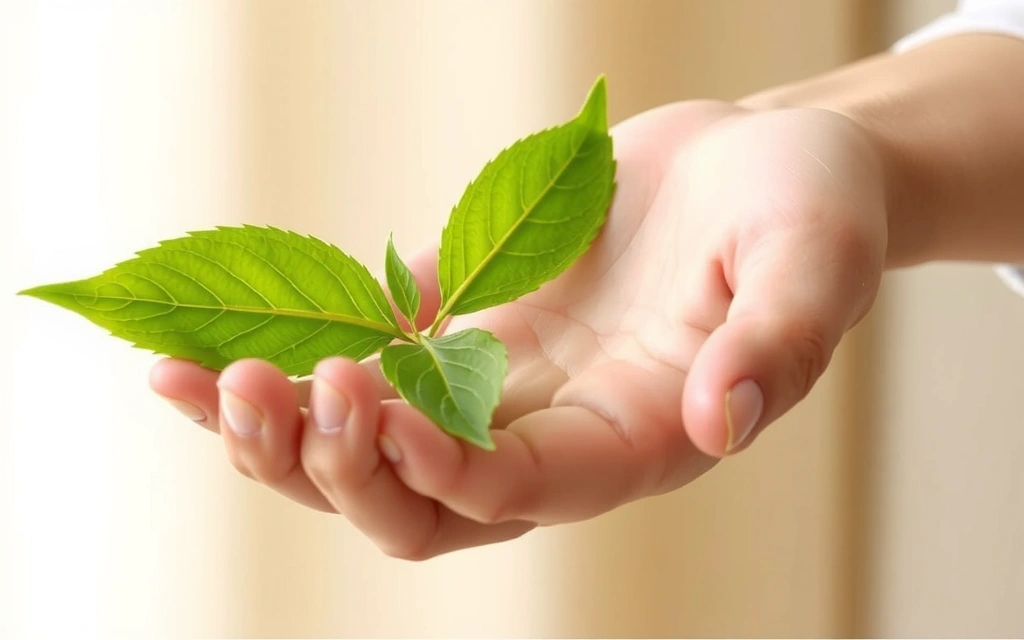 Mano sosteniendo una hoja verde fresca, simbolizando bienestar, salud natural y el compromiso de la empresa.